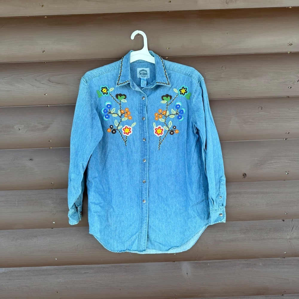 Vtg Cambridge Dry Goods Co Denim Shirt Women Beaded Floral Western Style Sz 8